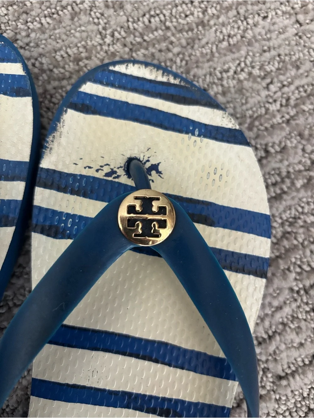 Tory Burch Blue Stripe Logo Medallion Rubber Flip Flops Sandals Women’s Size 8
